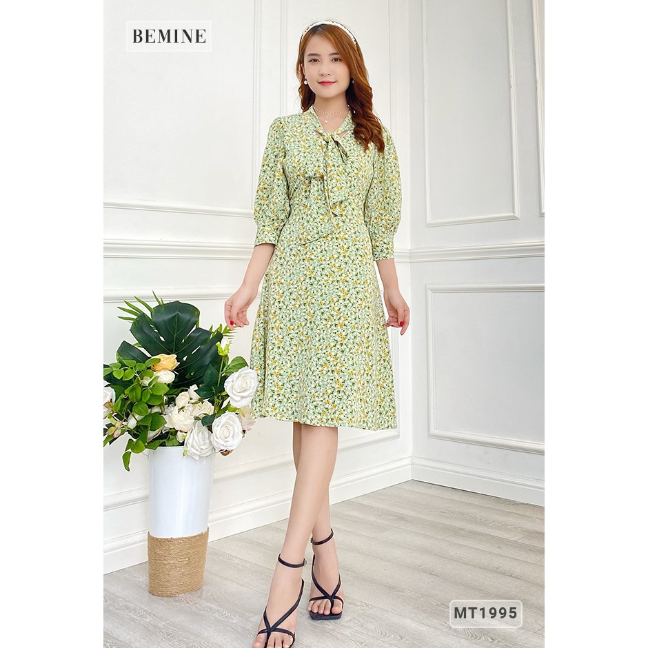 [Mã WABRWA15 giảm 15% đơn 300K] Đầm hoa tay lỡ cổ thắt nơ tùng xòe BEMINE MT1995XANHLA | BigBuy360 - bigbuy360.vn