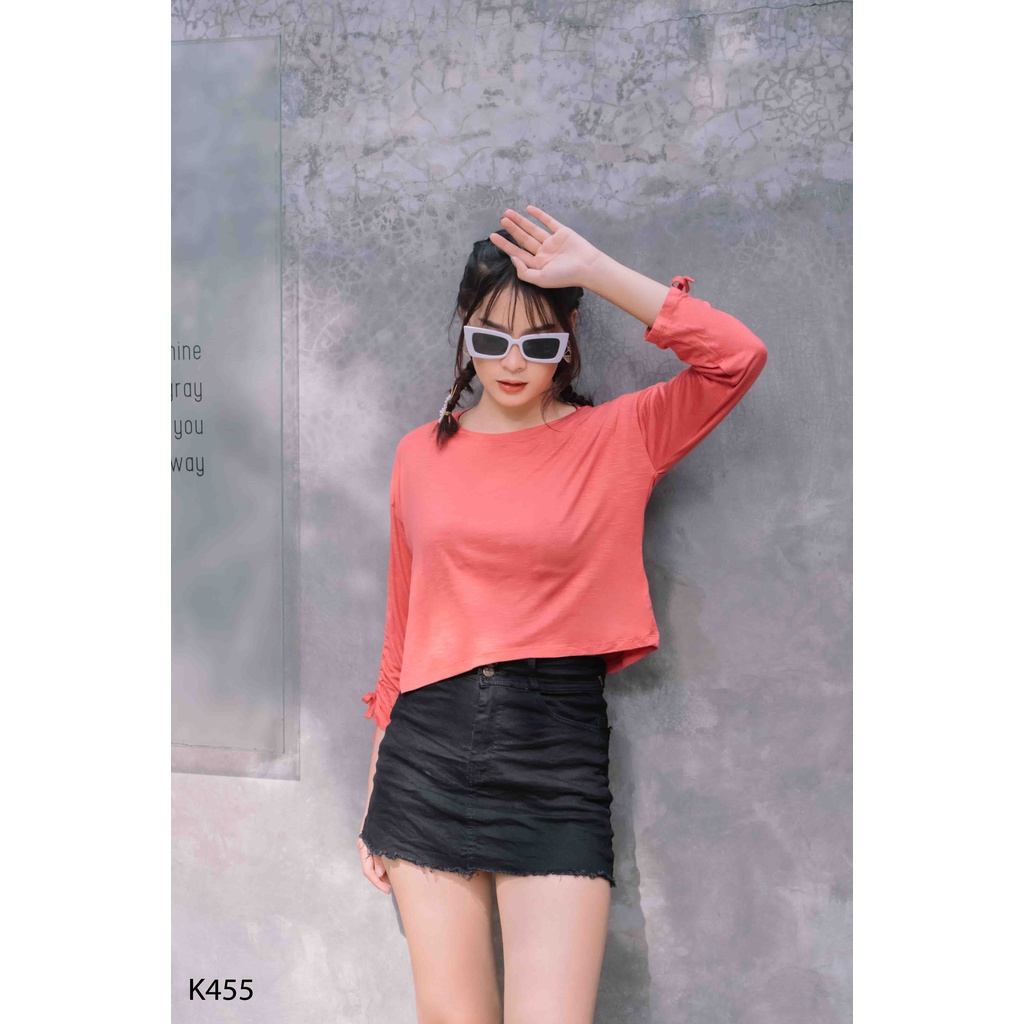 Áo thun croptop nữ cổ tròn, áo tay lửng phối dây nơ dành cho những ai yêu thích thời trang hàng VNXK VFashion K455