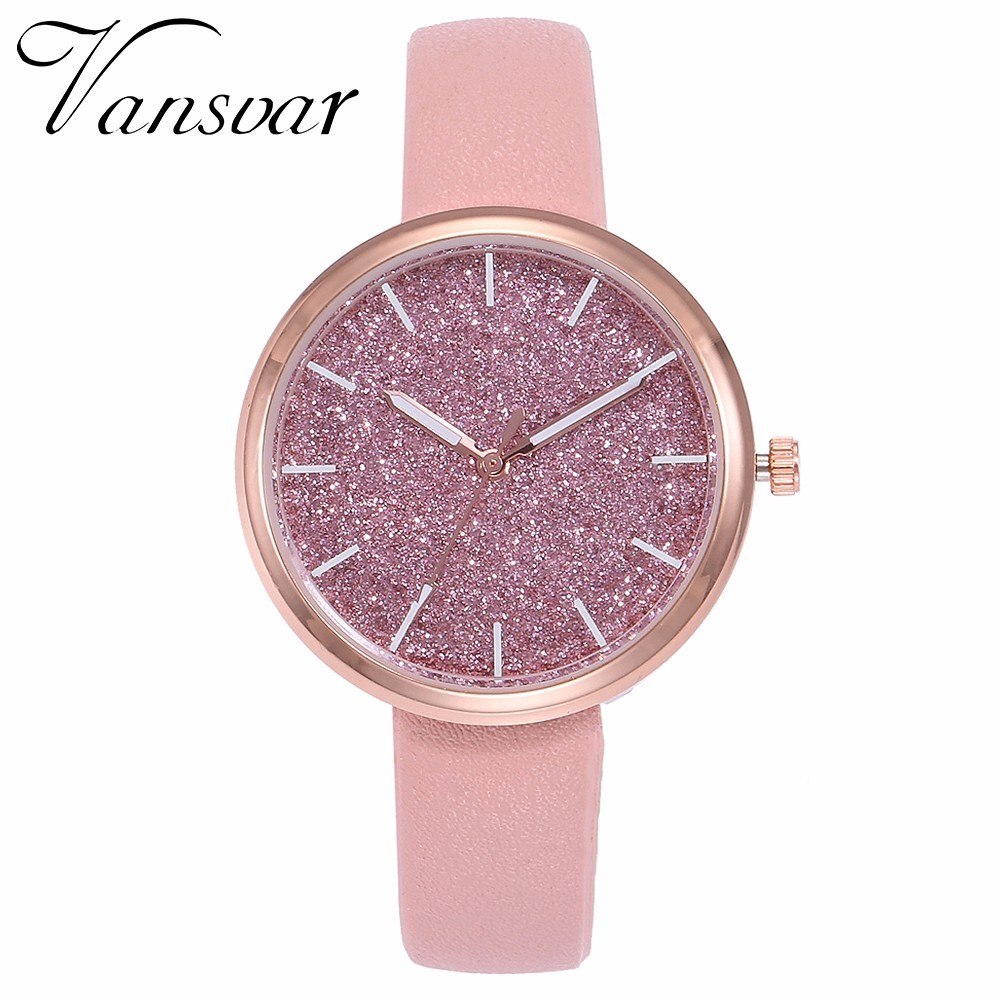 Đồng hồ đeo tay mặt tròn lấp lánh với dây đeo da thời trang cho nữ | BigBuy360 - bigbuy360.vn