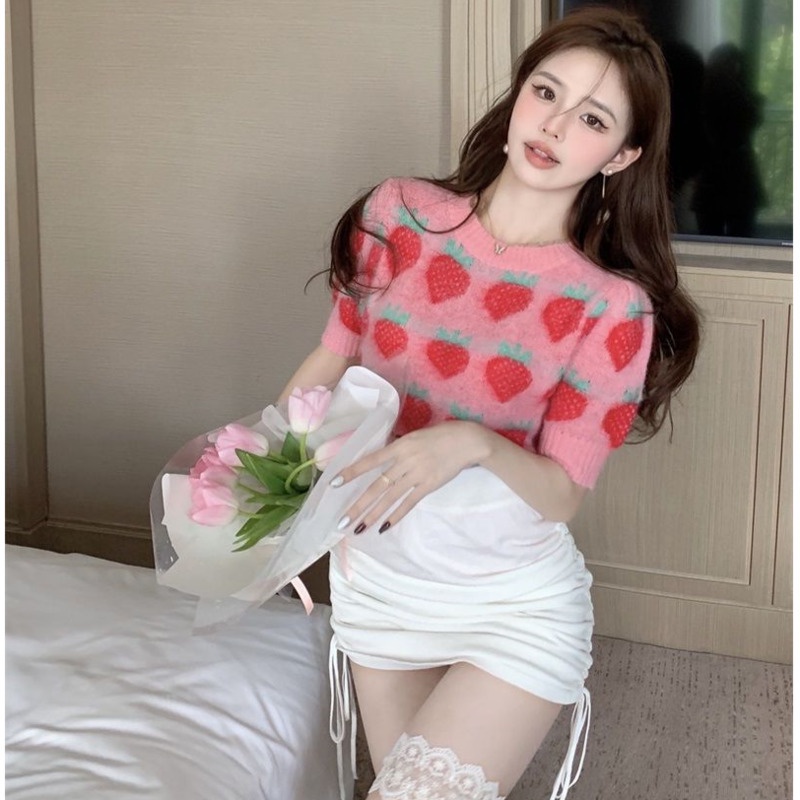 Áo sweater Dệt Kim In Hình Dâu Tây Xinh Xắn Cho Nữ