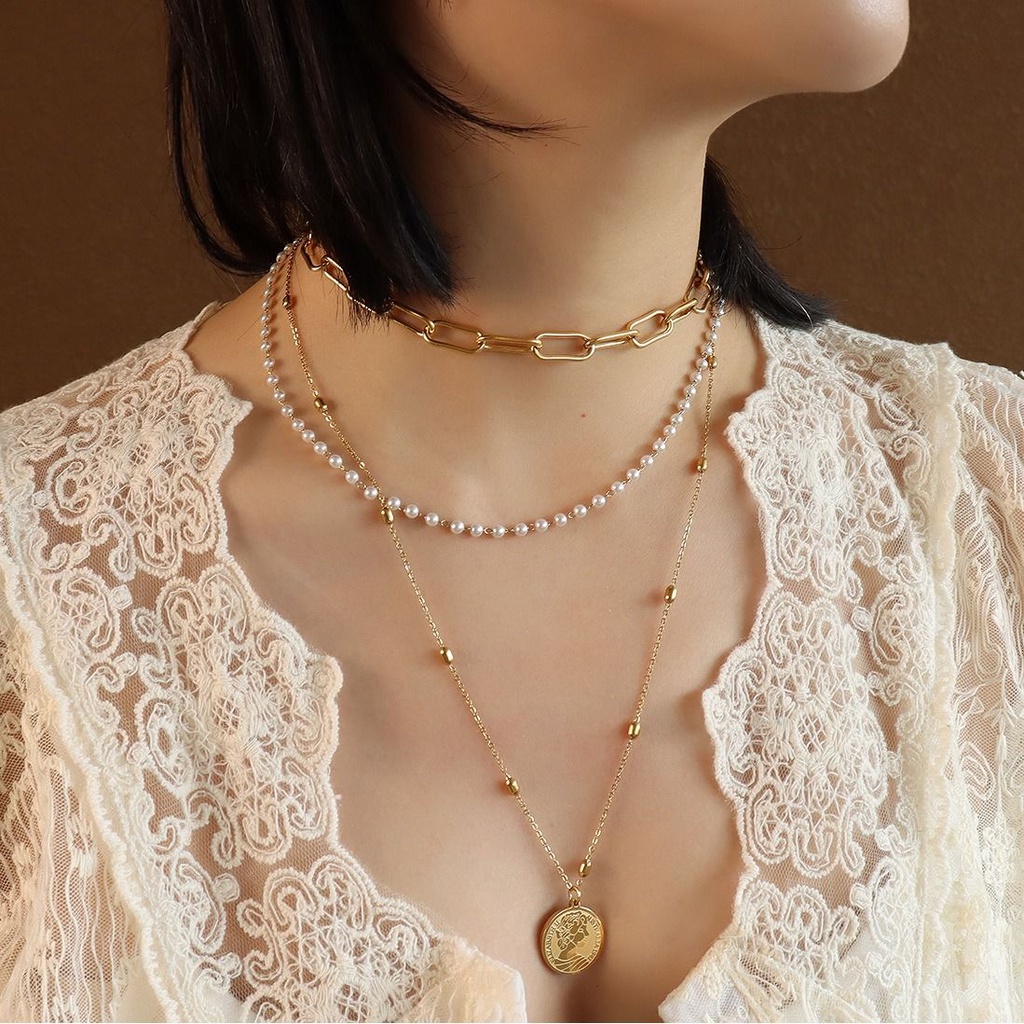 Set 3 Vòng cổ Nhiều Lớp Đính Ngọc Trai Thời Trang Cho Nữ