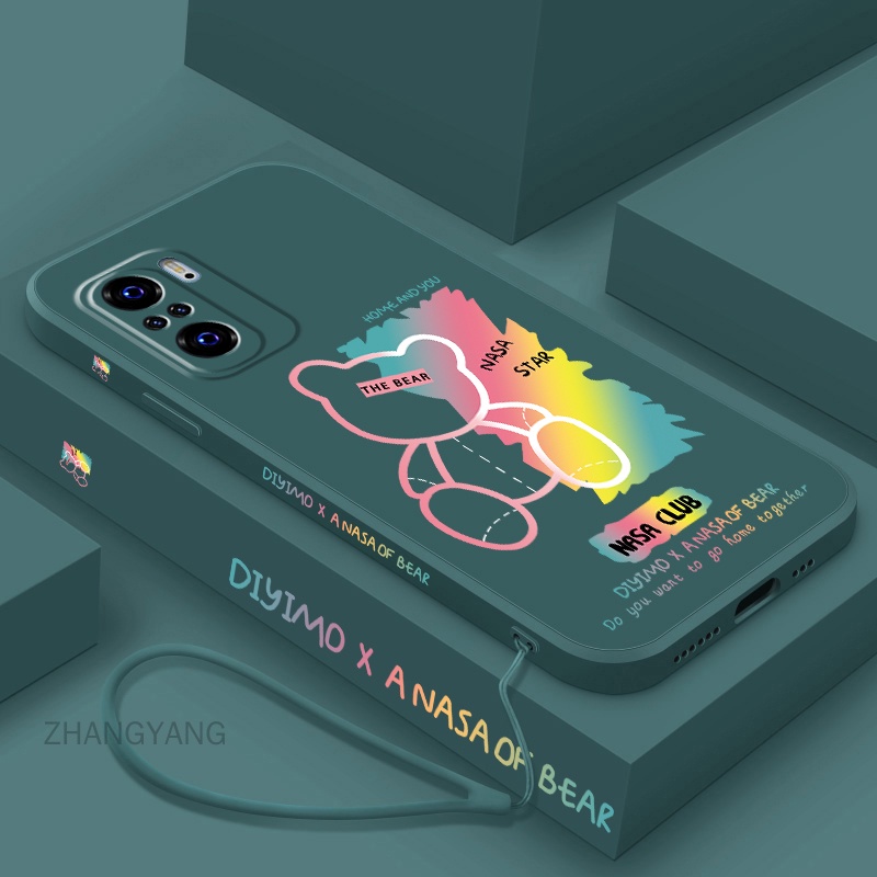 Ốp Điện Thoại TPU Silicon Viền Thẳng Họa Tiết Gấu Kèm Dây Đeo Cho Redmi note 10 pro note 10