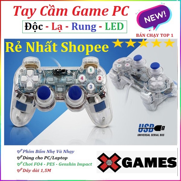 𝓒ó 𝓡𝓾𝓷𝓰 + 𝓛𝓮𝓭 Tay cầm chơi game PC Cổng USB Có Đèn Led + Rung Trong Suốt Ucom Chơi FO4, Genshin Impact, Pes 2022