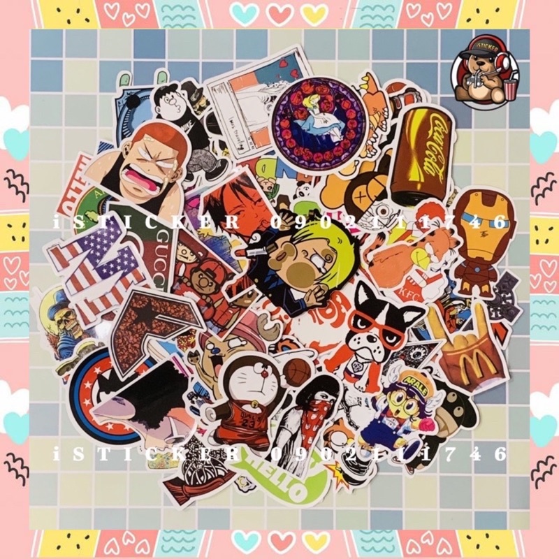 Sticker tem logo hoạt hình mẫu HOT hình dán cute trang trí nón - mũ bảo hiểm, điện thoại, ván trượt ..
