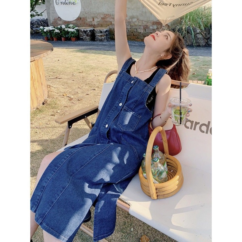 IELGY Đầm Yếm denim Xanh Dương Dáng Rộng Phong Cách Hàn Quốc Thời Trang Mùa Hè Mới Cho Nữ