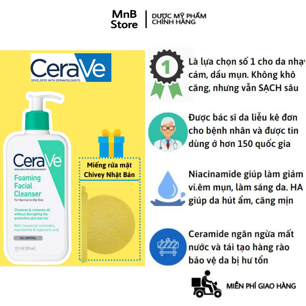 [473ML CÓ BILL] Sữa rửa mặt Cerave Foaming Facial Cleanser (473ml) cho da dầu mụn nhạy cảm - MnB Store