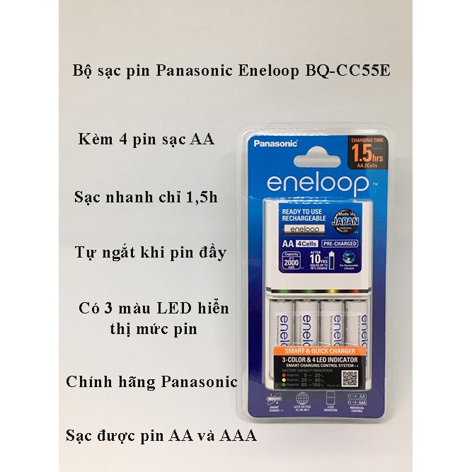 Bộ sạc pin nhanh , tự ngắt Panasonic Eneloop BQ-CC55 kèm 4 pin sạc 2000mAh