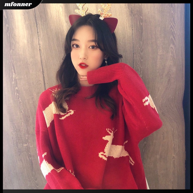 Áo Sweater Dệt Kim Tay Dài Cổ Tròn Dáng Rộng In Hoạt Hình Giáng Sinh Thời Trang Cho Nữ