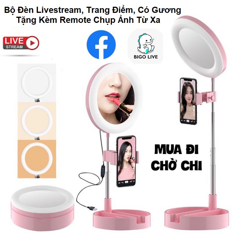 Gương Trang Điểm, Có Đèn Led Trợ Sáng, Đèn Chỉnh 3 Màu, Tăng Giảm Chiều Cao, Gấp Gọn, Livestream, Tiktok, Bigo, FB