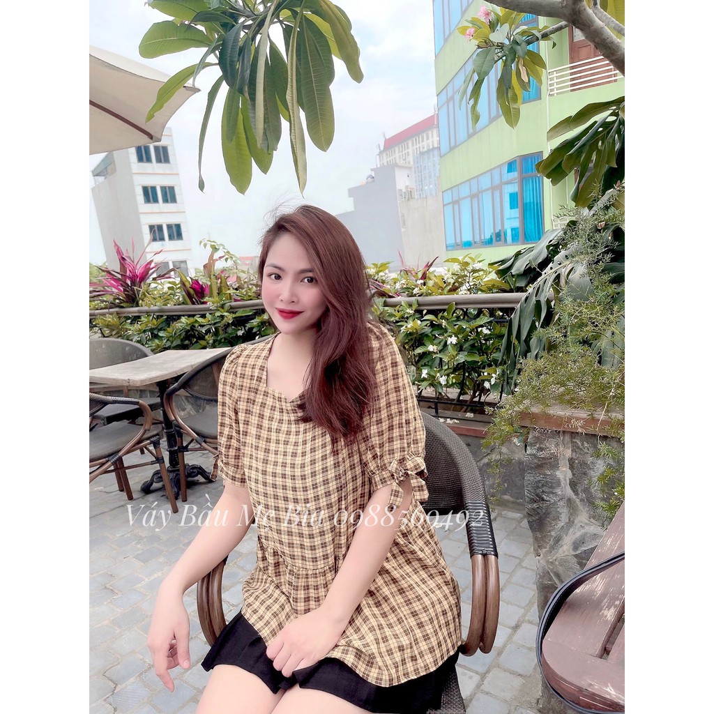 Áo Bầu Công Sở, Áo Bầu Kẻ Vàng Dáng Babydoll Tay Bo ( ảnh thật)