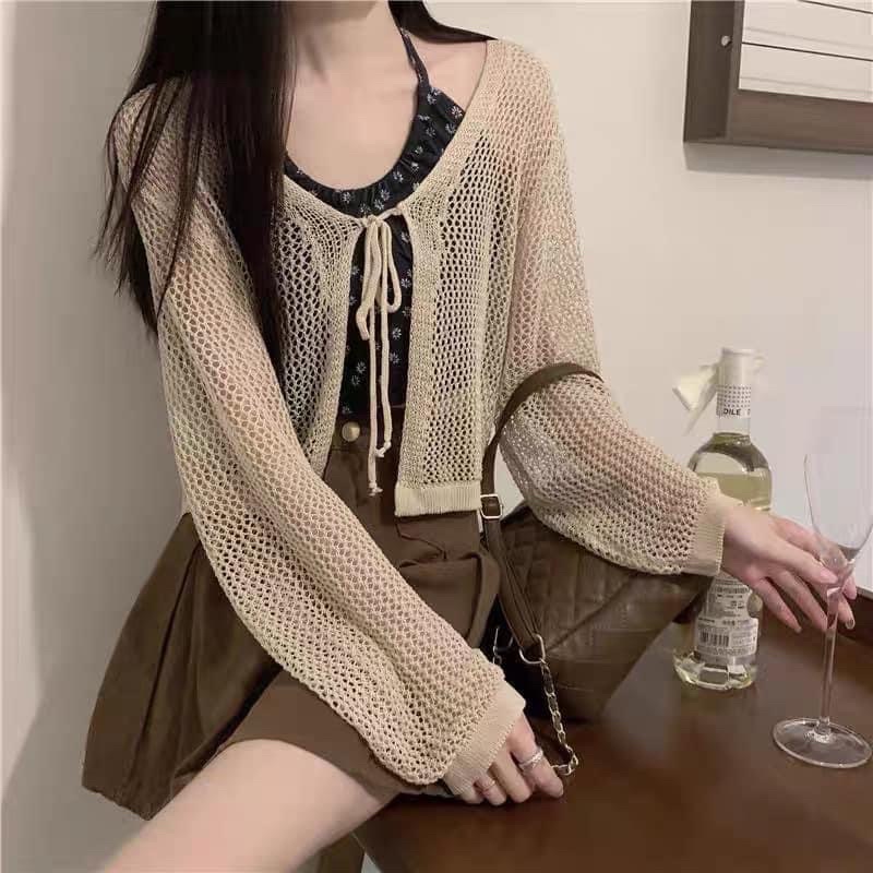 Áo cardigan mỏng mắt lưới dáng croptop có dây buộc