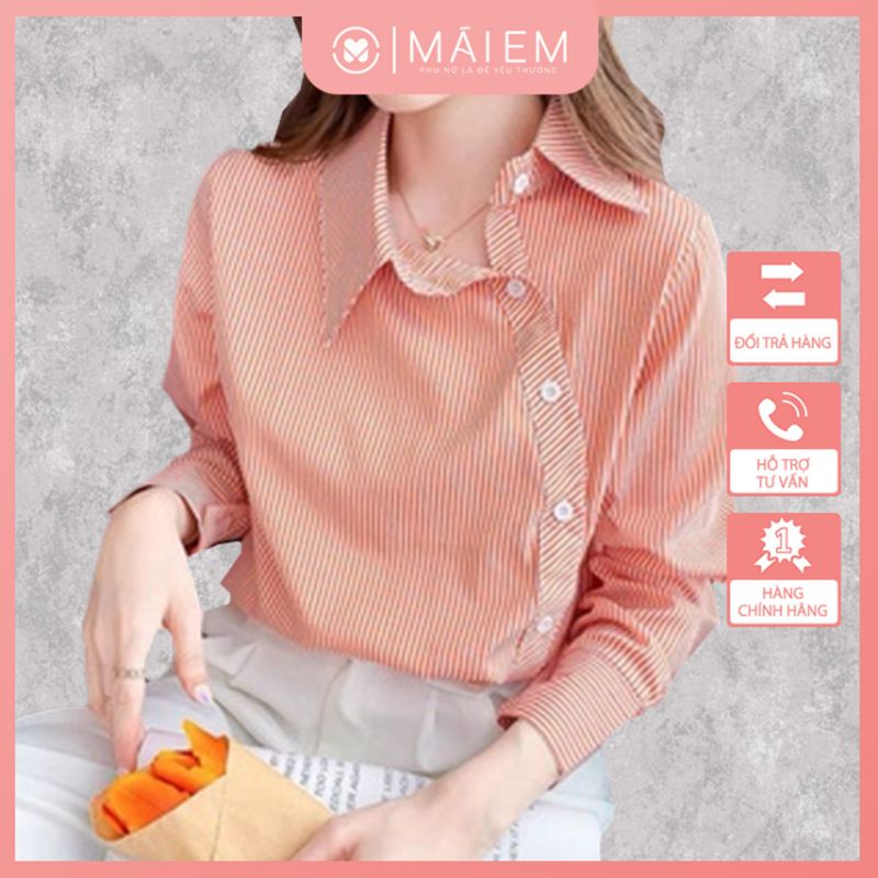 Áo sơ mi dài tay màu hồng cam sọc trắng cúc lệch, chất Kate Hàn mềm mịn thời trang cao cấp_A6032