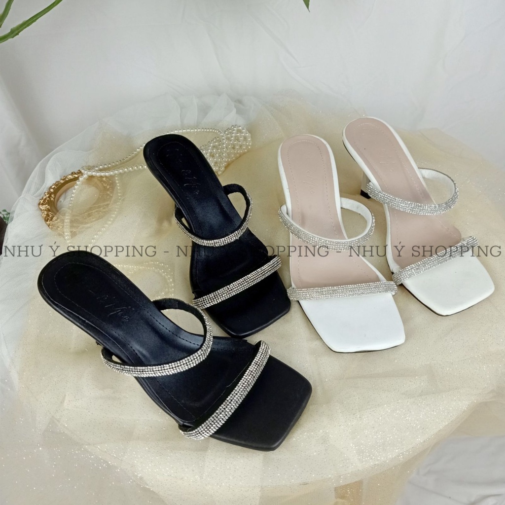 Guốc cao gót nữ 2 quai đính đá mũi vuông sang chảnh 5cm 2 màu đen trắng - hình chụp thật