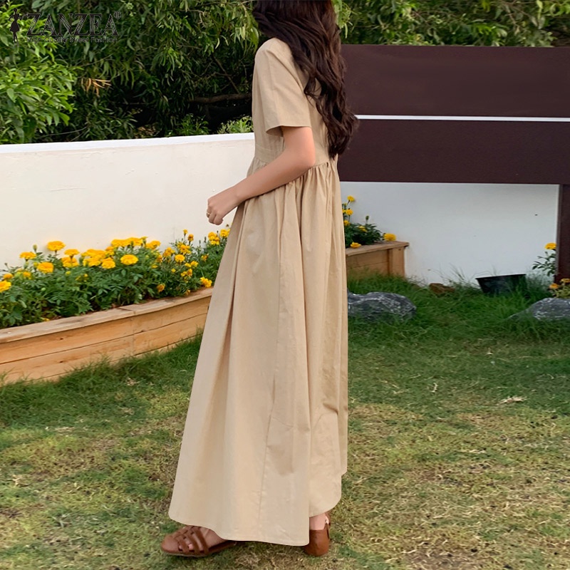 Đầm maxi ZANZEA ngắn tay có khóa kéo sau lưng thời trang cho nữ