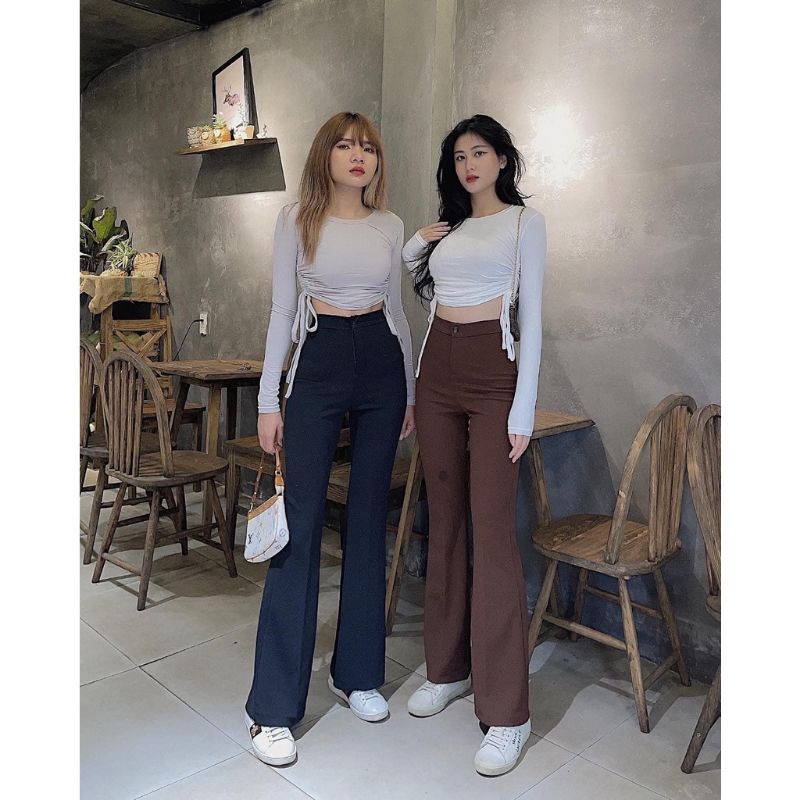 Quần ống loe lưng cao nữ công sở cao cấp vải màu đen