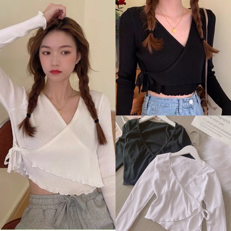 Áo Gân Tay Dài Cột Dây Chéo Nữ Tính A28