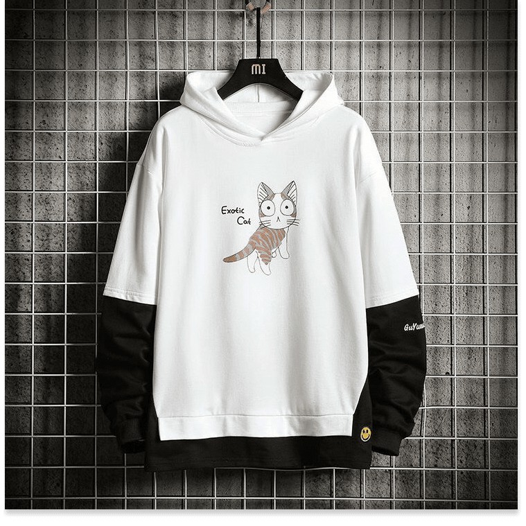 ÁO HOODIE NAM NỮ PHỐI TAY HAI MÀU HỌA TIẾT MÈO NGÁO NGƠ