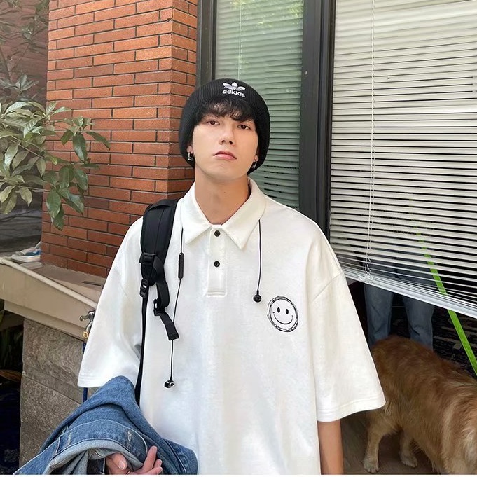 áo thun nam có cổ phong cách Hàn Quốc áo polo unisex đơn sắc áo polo tiếng Nhật đen áo thun thể thao bông Áo Mùa Hè Nam