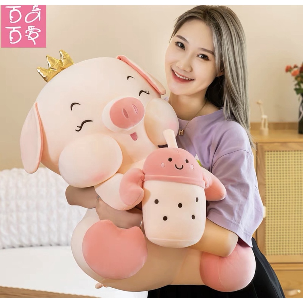 Gấu bông heo vương miện tu trà sữa size 35cm ,60cm