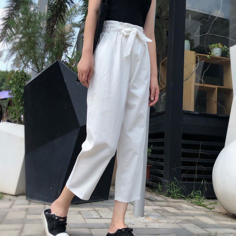 Quần nữ lưng thun ống rộng đính nơ | BigBuy360 - bigbuy360.vn