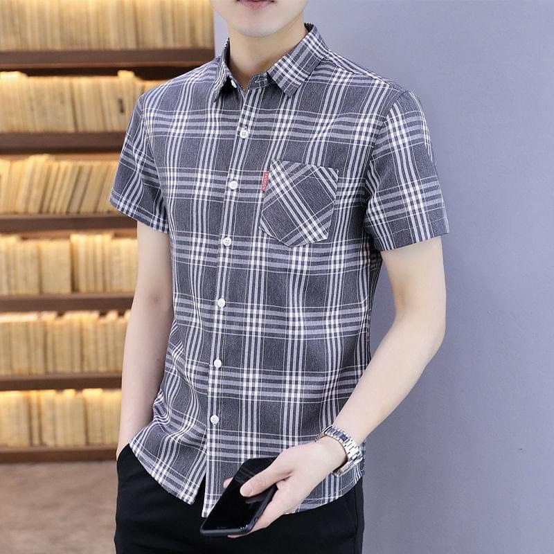 Áo sơ mi nam ngắn tay sọc caro họa tiết chất liệu vải lụa mềm chống nhăn cao cấp nhiều màu sắc