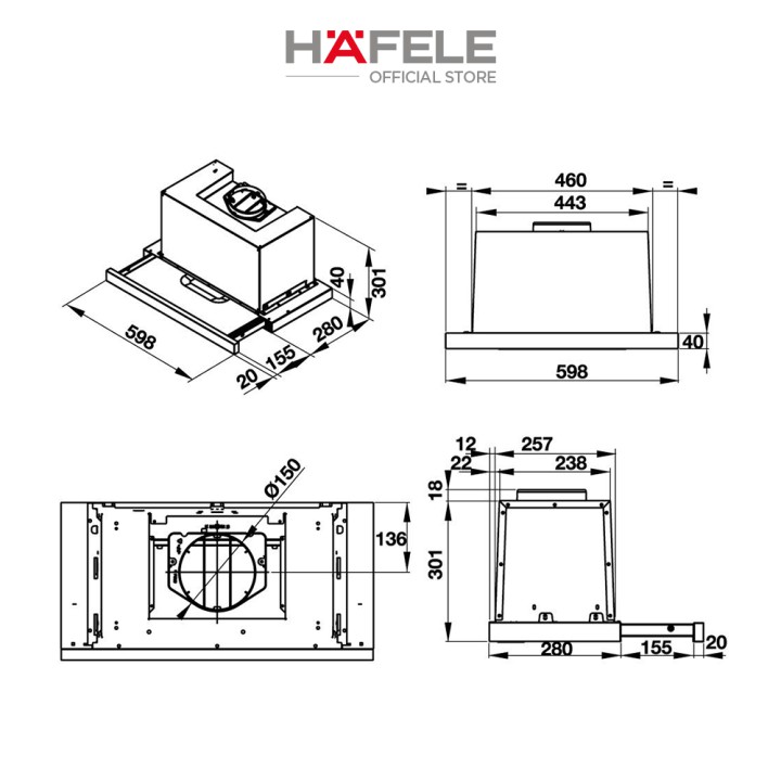 Máy Hút Mùi Âm Tủ HAFELE HH-TG60E (60cm) - 539.81.073 Xuất Xứ Châu Âu Kèm Than Hoạt Tính