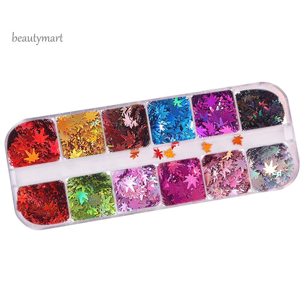 [Hàng mới về] Hộp vảy kim tuyến hình lá phong 12 màu lấp lánh cho trang trí móng