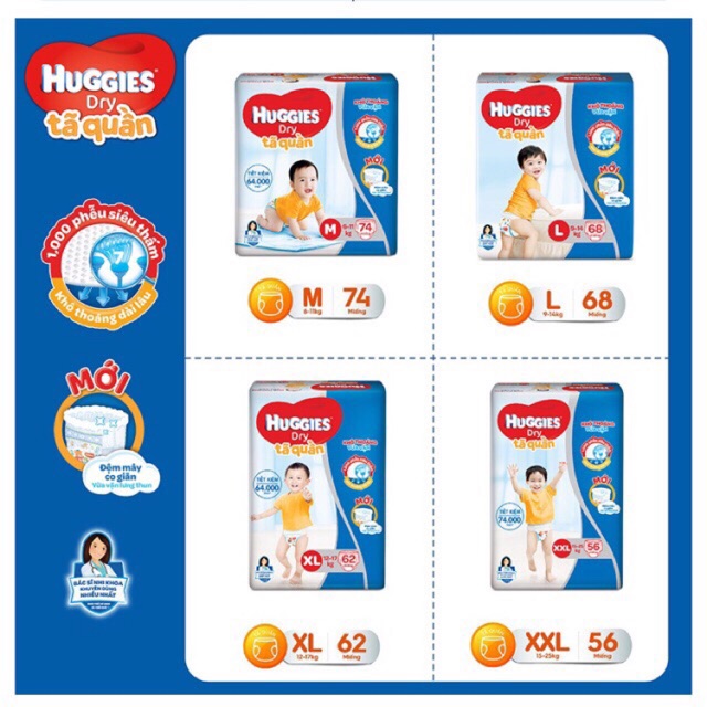 Bỉm quần Huggies M74 / L68 / XL62 / XXL 56