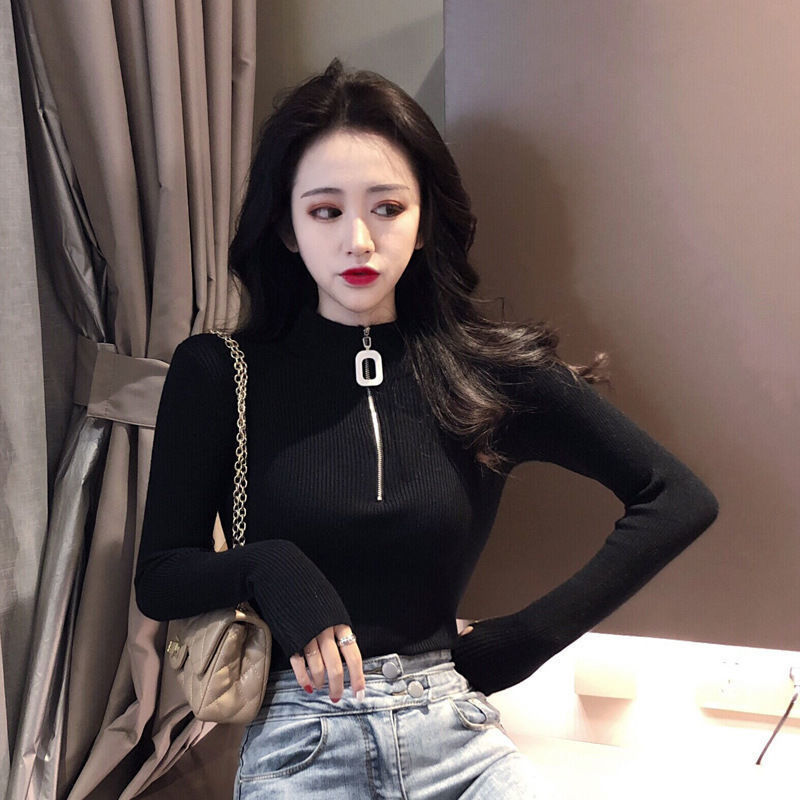 Áo thun giữ ấm khóa kéo dáng ôm dài tay cho nữ
