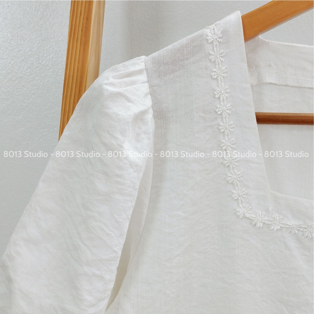 Áo Babydoll Nữ Cổ Vuông Trắng 8013 Studio