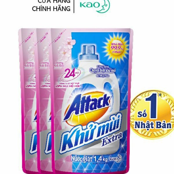 0Combo 3 Nước giặt Attack Khử Extra Mùi Hương Anh Đào túi 1.4kg