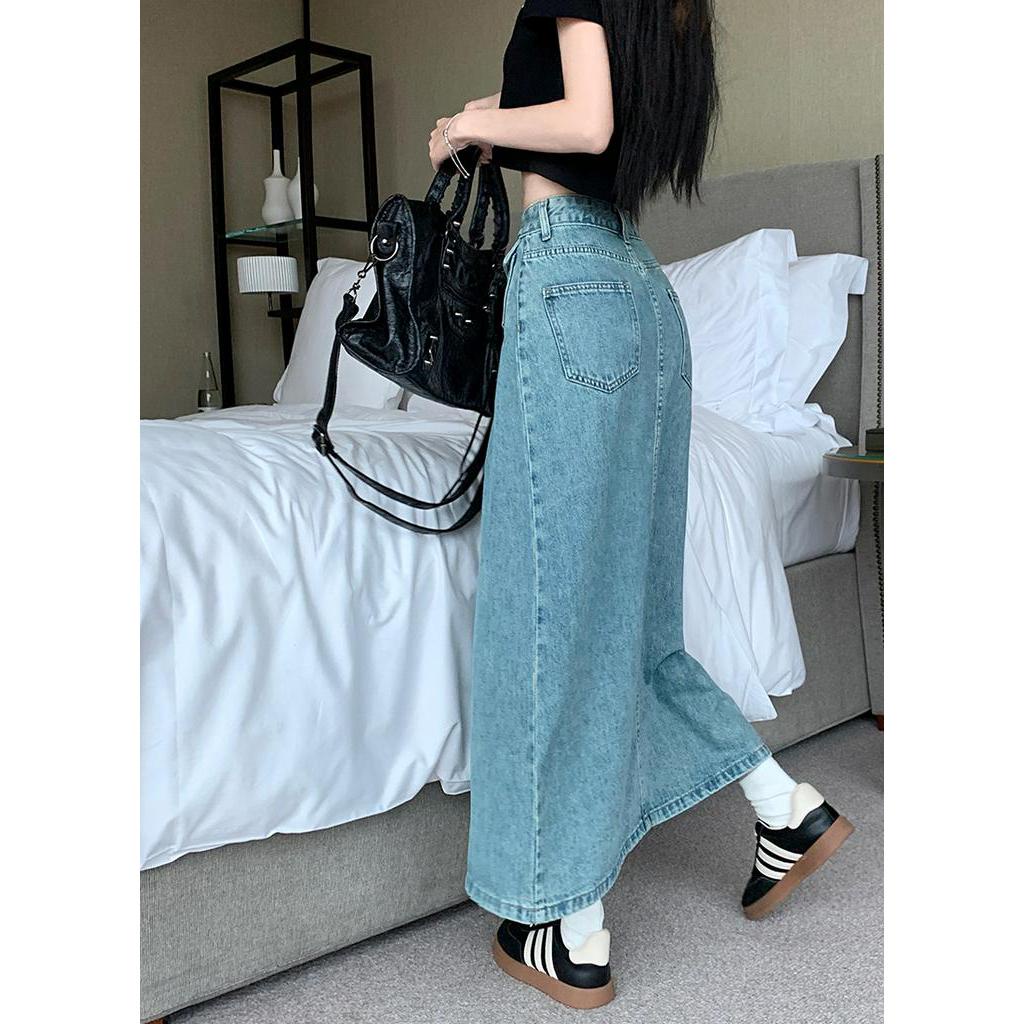 Chân Váy Denim Dài Dáng Chữ A Xếp Ly Lưng Cao Thời Trang Mùa Hè 62894