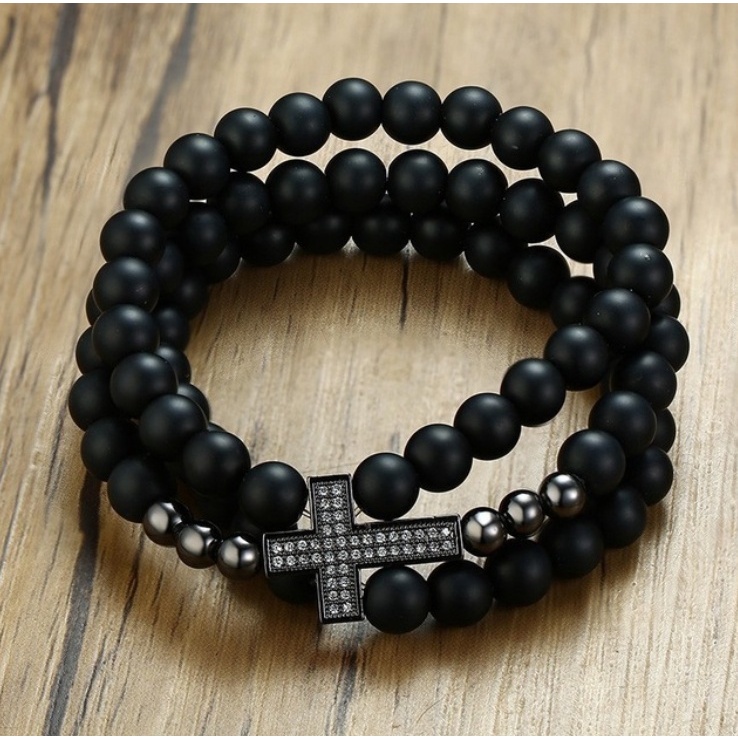 Vòng Tay Hạt Đá Đen 3 Lớp Phong Cách Cổ Điển Cho Nam
