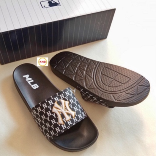 Dép 𝐌𝐋𝐁 UNISEX mẫu dép thể thao ❤️ Freeship + Hộp ❤️ Dép NY bóng chày quai ngang nam nữ chữ thêu nỗi kèm mác full đen