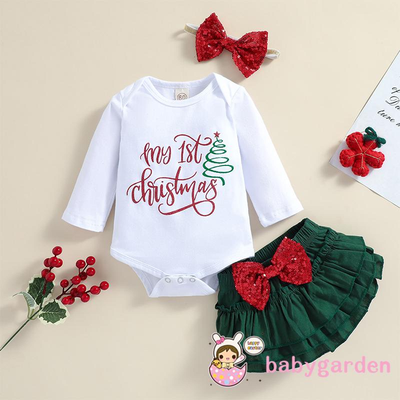 Bộ áo liền quần tay dài cổ tròn in chữ + quần short nhún bèo + băng đô đính nơ kim sa lấp lánh cho bé gái