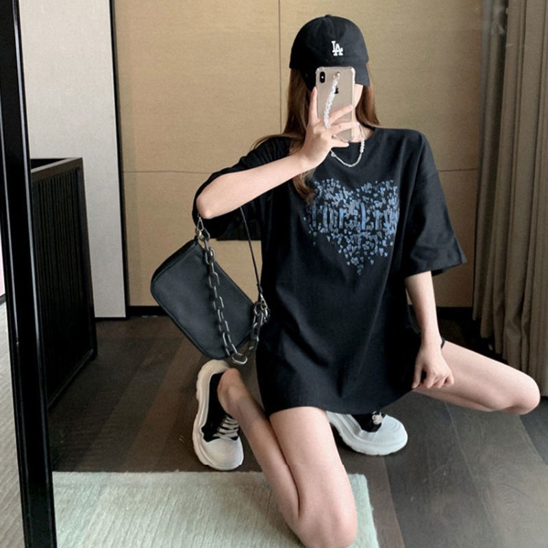 Áo Thun Ngắn Tay In Hình Trái Tim Dễ Thương 164854 Áo Thun Form Rộng Màu Đen Với Cổ Tròn Dễ Phối Đồ
