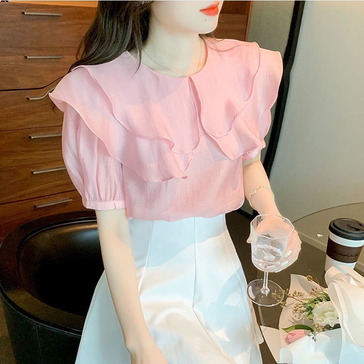 Áo Voan Tay Phồng Cổ Tròn Hai Lớp Thời Trang Cho Nữ P7S8