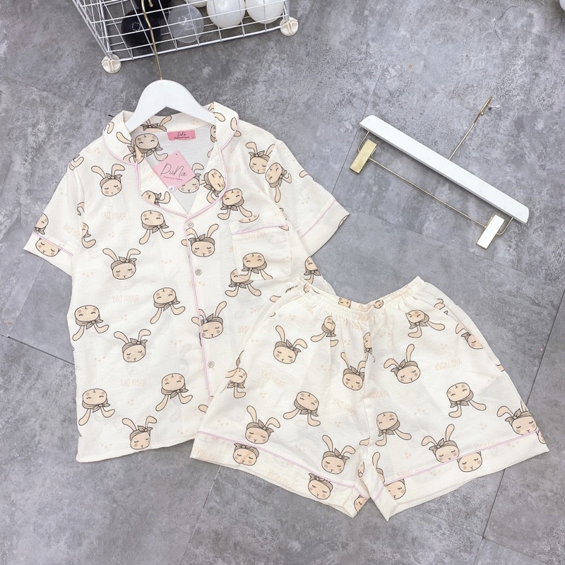 Bộ pijama mặc nhà quần đùi áo cộc hoạ tiết hình xinh, Đồ ngủ nữ xinh hàng Quảng Châu