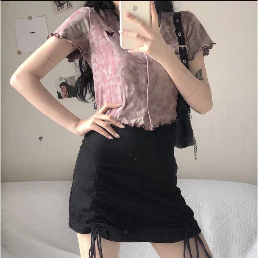ÁO CROPTOP LOANG THÊU BƯỚM VIỀN CHỈ - ÁO LOANG CÚC CÀI BUTTERFLY PURPLE