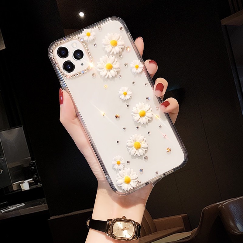 Ốp Lưng Điện Thoại iPhone 15 14 13 11 12 Pro Max X XR XS 7 8 Plus Ốp Lưng Sang Trọng Lấp Lánh Kim Cương Vàng Hoa Cúc Trong Suốt