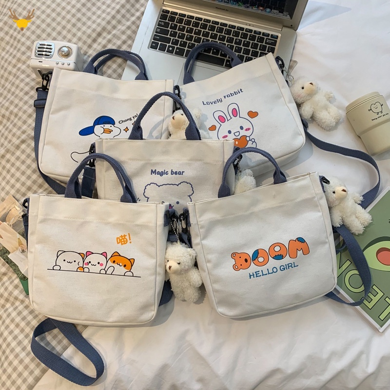 Túi Đeo Chéo Vai Bằng Vải Canvas In Họa Tiết Hoạt Hình Dễ Thương Phong Cách Hàn Quốc Thời Trang Cho Nữ