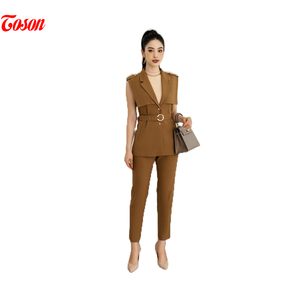 Bộ đồ Vest nâu bò tuýp si, áo vest sát nách thắt đai và quần ôm Toson B8278N52