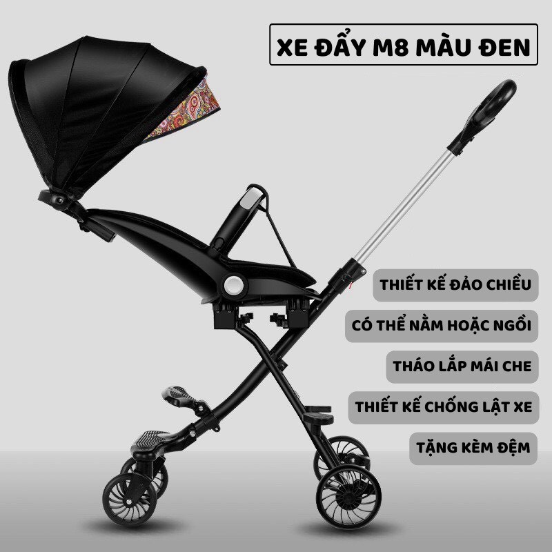 Xe đẩy đảo chiều ngả lưng gấp gọn có thể mang đi + đệm + mái che