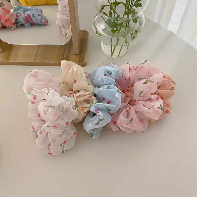 Dây cột tóc scrunchies vải voan họa tiết cherry