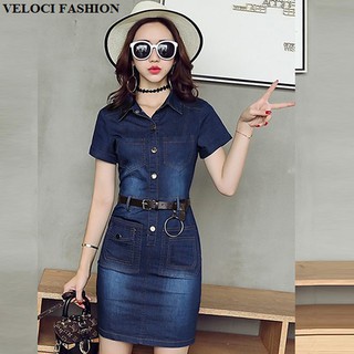 Cao cấp đầm jean body phối túi 3705