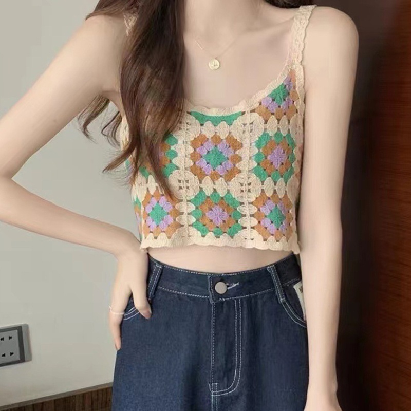 Áo Croptop Dệt Kim Không Tay Thiết Kế Rỗng Nhiều Màu Sắc Phong Cách Retro Dành Cho Nữ