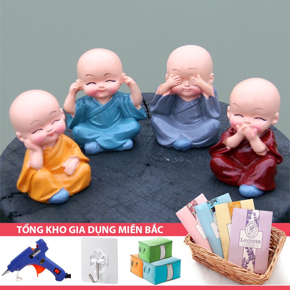 Bộ Tượng Chú Tiểu Hòa Thượng Tứ Không - Phật Phong Thủy Mini 4 Tư Thế, Trang Trí Xe Hơi, Để Bàn