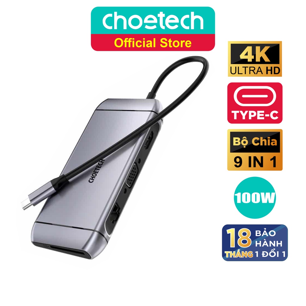 HUB Chuyển Đổi 9 in 1 Type C To HDMI 4K/ PD 100W/ USB 3.0/ Rj45 Ethernet/ VGA/ TF/ SD CHOETECH HUB-M15 - Hàng Chính Hãng