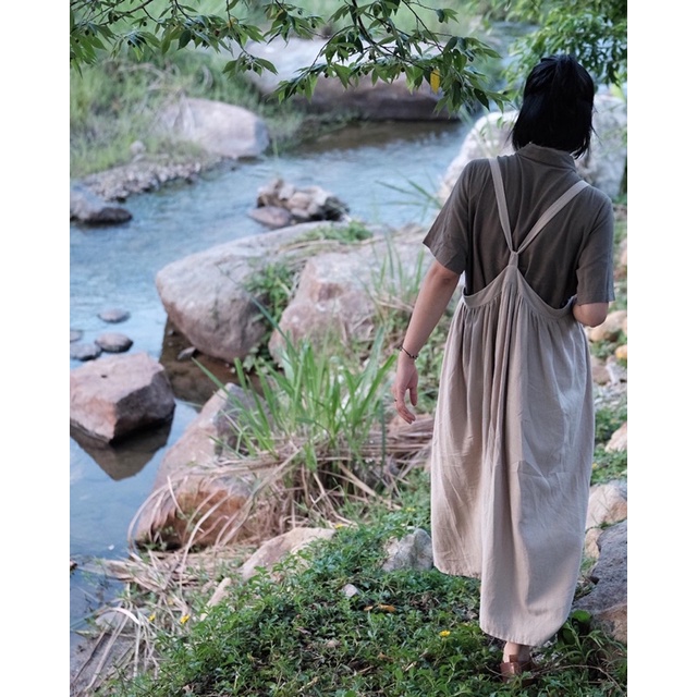 Váy yếm linen phong cách Mori vintage dây tuỳ chỉnh