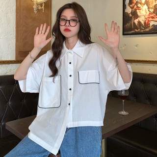 Áo Sơ Mi Tay Lỡ Khâu Túi Lớn Thiết Kế Bất Đối Xứng Phong Cách Preppy Mùa Hè Mới Cho Nữ